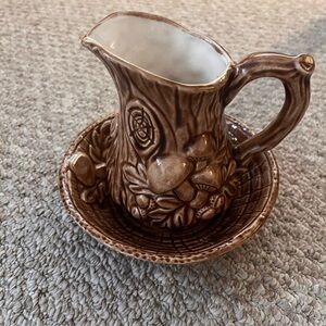Vintage Rustic brown mushroom, pitcher and saucer by Byron Mold.